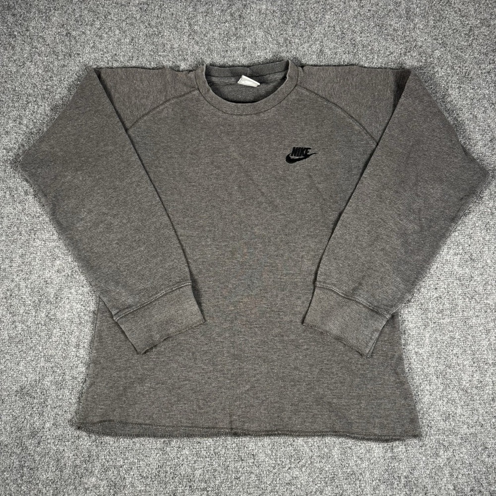 Vintage Nike Shirt Mens M Gray Waffle Knit Thermal Pullover‎ Sweater Swoosh Y2K